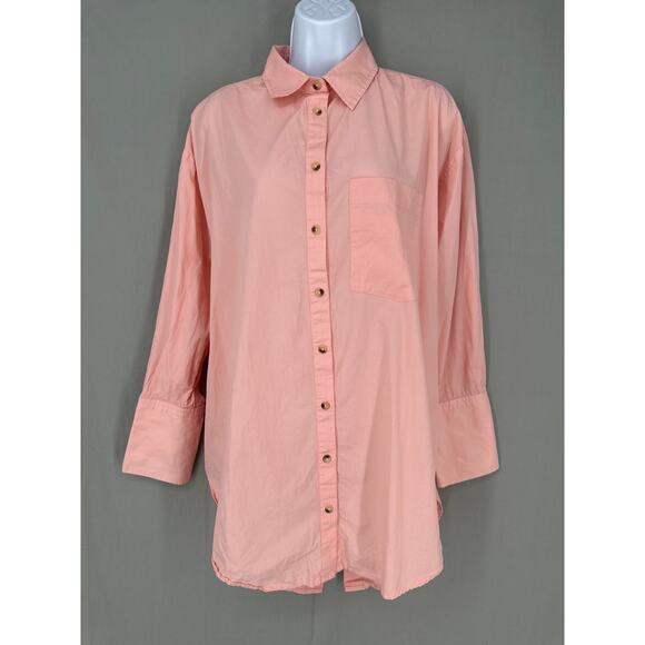 Free People Top Womens Small Pink Button Poplin Oversized Tunic Cotton Pastel - Picture 1 of 8